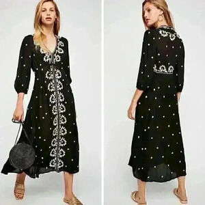 Free People Lily of the valley embroidered black maxi dress bohemian XS